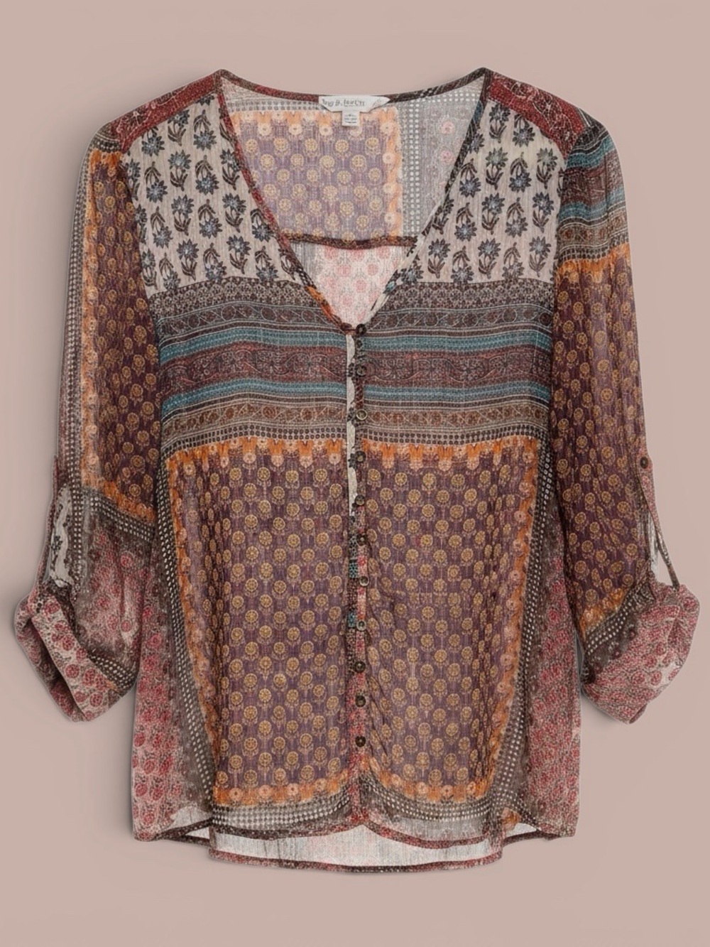 Mango Multicolor Patchwork Bohemian Sheer Button-Front Blouse